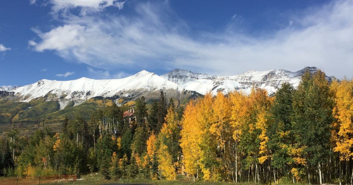 Snow-covered mountains with colorful autumn trees in the foreground.