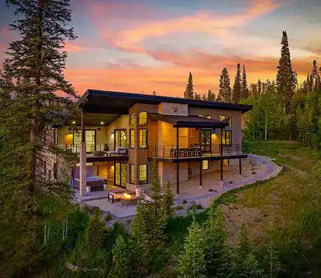 Modern cabin surrounded by lush forest