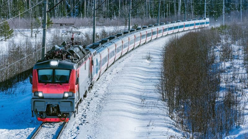 Long electric passenger train curving through a snow-covered forest landscape.